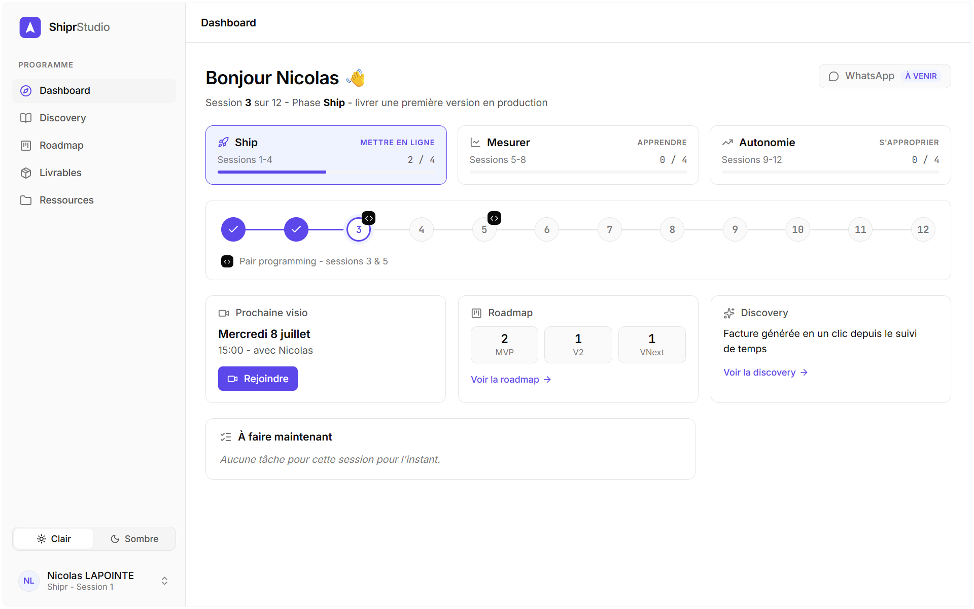 Tableau de bord ShiprStudio : suivi des livrables d'un accompagnement